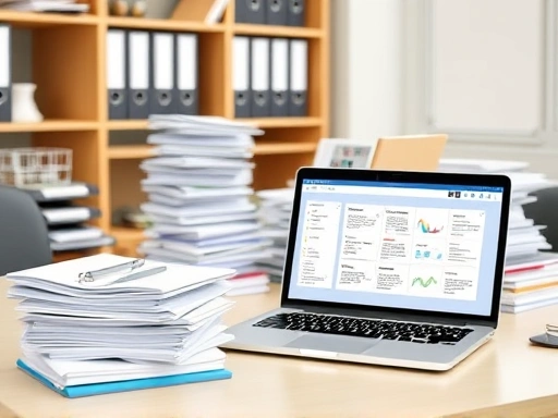 A professional, organized office desk with neatly stacked files, clear folders, and a laptop displaying a digital document management system, conveying efficiency and clarity.