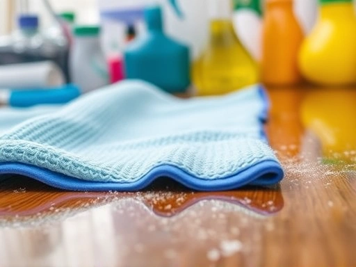 Close-up of a microfiber cloth effectively wiping dust from a polished wooden surface, with a blurred background of various cleaning tools. The focus is on the texture of the cloth and the clean result. SEO keywords: microfiber cleaning, dust removal, home hygiene.