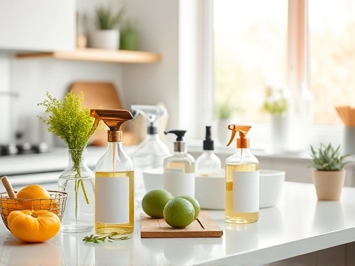 A bright and airy kitchen scene with eco-friendly cleaning products on the counter, focus on natural ingredients.