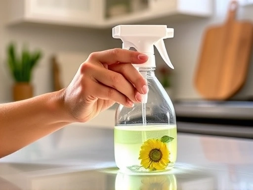 Close-up of a hand using a natural cleaning spray on a kitchen surface, emphasizing eco-friendly and non-toxic cleaning.