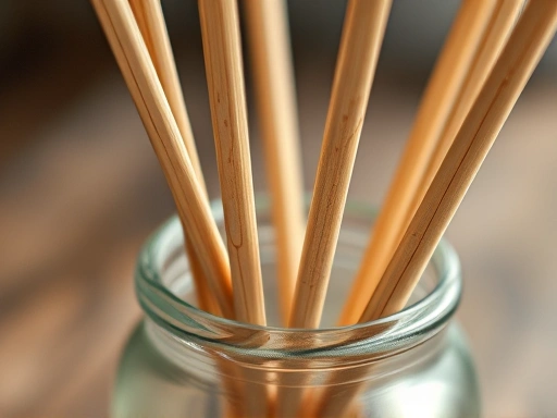 Close-up shot of various diffuser sticks in a glass bottle, highlighting texture and fragrance.