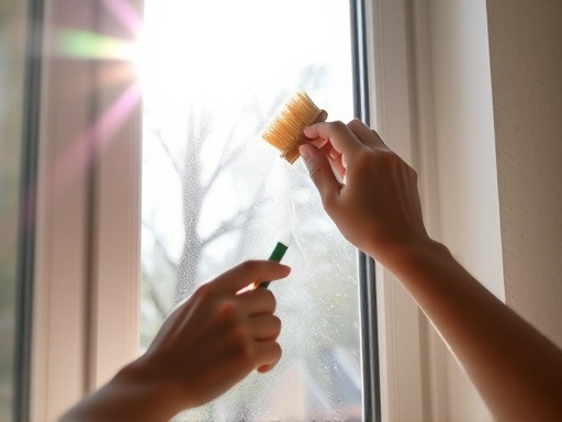 A person cleaning a window frame with a small brush, sunlight shining through the window.