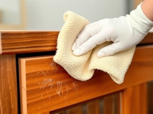 Close-up of a microfiber cloth wiping dust from a wooden furniture surface, soft lighting.