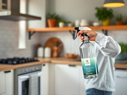 A kitchen scene with a person spraying natural insect repellent, focusing on eliminating flies.
