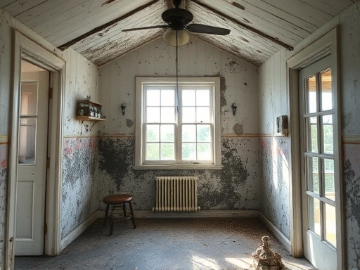 Detailed interior of a house with visible mold growth, dampness, and poor ventilation, highlighting the conditions that lead to mold.