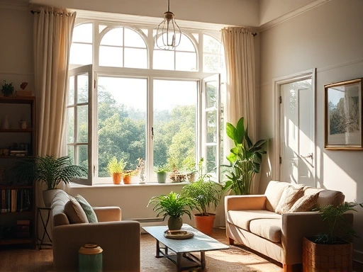 A cozy living room with open windows, sunlight streaming in, plants, and a gentle breeze.