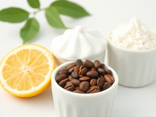 Close-up of natural odor absorbers: lemon slices, coffee beans, baking soda in stylish containers.