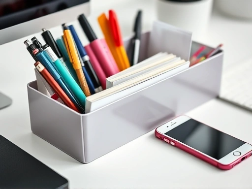 Close-up shot of a desk organizer with pens, notebooks, and a smartphone, emphasizing neatness and accessibility.