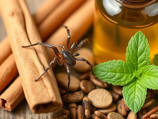 Close-up shot of natural spider repellent ingredients, such as cinnamon sticks and peppermint oil, with detailed texture.