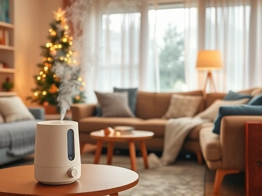A cozy living room scene with a humidifier emitting mist, emphasizing a comfortable and static-free environment during winter.