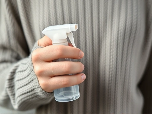Close-up of a hand spraying static electricity prevention spray on a sweater, highlighting the detail and texture of the fabric.