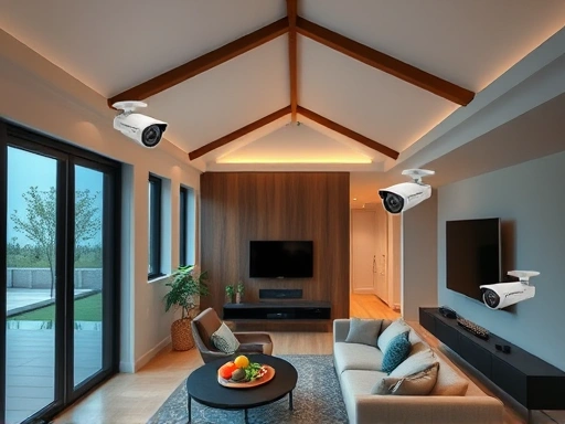 A modern home interior with strategically placed home security cameras, showcasing wide-angle views and discreet integration.
