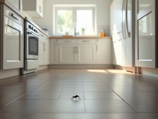 A clean, modern kitchen with sunlight, showing a single ant trail leading towards a small, shiny crumb on the floor, symbolizing the initial problem. The scene is well-lit and realistic, focusing on the domestic setting.