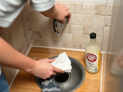 A person cleaning a smelly house drain with baking soda and vinegar.