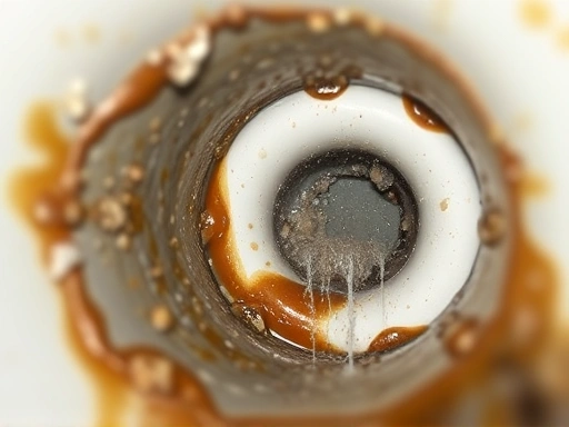 Close-up of a clogged house drain with visible debris and grime.