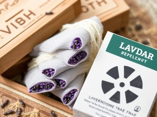 Close-up shot of various moth repellent options: cedar blocks, lavender sachets, and a pheromone trap.