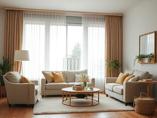 A cozy living room with thick curtains and a soft rug, minimizing noise from outside, natural light, comfortable setting.