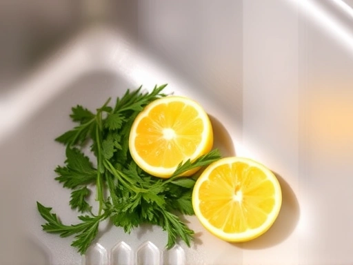 Close-up of a clean kitchen sink with fresh herbs and a lemon slice, highlighting cleanliness and natural odor control.