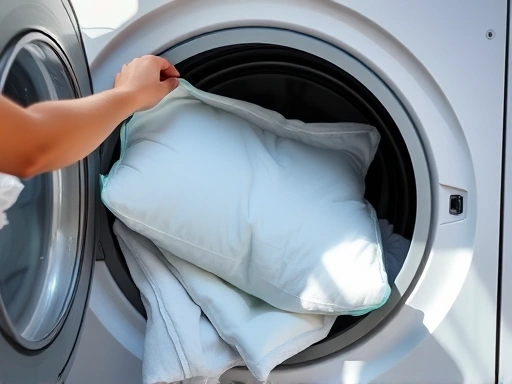 A person is washing duvet and pillow in a washing machine with natural sunlight.