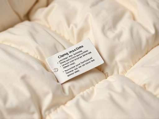 Close-up on a tag of a duvet showing cleaning instructions, focus on details.