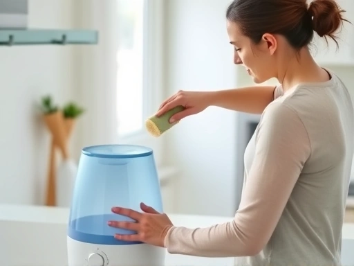 A person cleaning a humidifier with a soft brush in a bright, clean kitchen, showing care and attention to detail.