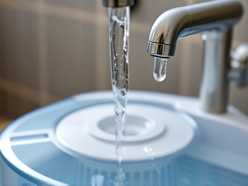 Close-up of a humidifier's water tank being rinsed under a faucet, with clear water flowing and emphasizing cleanliness.
