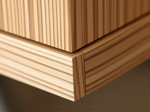 Close-up on a furniture joint or material sample, showing the difference in quality and texture between an IKEA-style flat-pack material and a more premium Hanssem-style finished wood/metal detail.