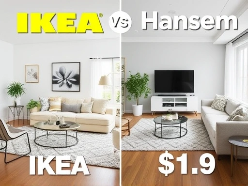 A side-by-side comparison of IKEA and Hanssem furniture in a modern living room setting, highlighting aspects of quality and price, with a focus on interior design and consumer choice.