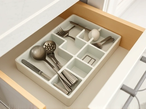 Close-up of a well-organized kitchen drawer with dividers holding utensils, showcasing efficient space utilization and neat storage.