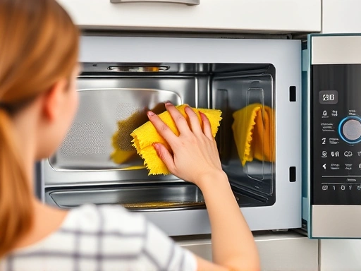 A woman cleaning the inside of a microwave with a yellow cloth, showcasing cleanliness and hygiene.