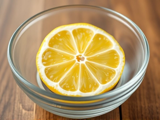 Close-up of a sliced lemon in a glass bowl, highlighting natural cleaning ingredients for microwave cleaning.