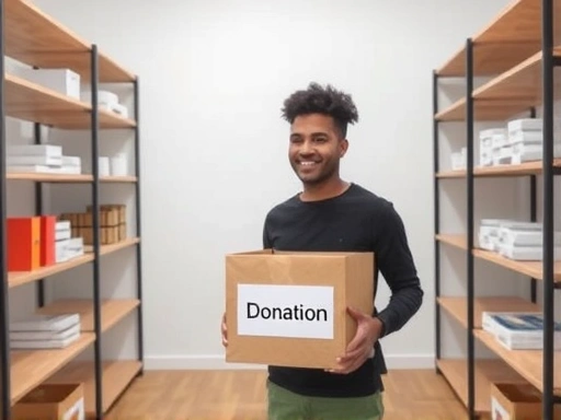 A minimalist room with neatly organized shelves and a person holding a donation box.