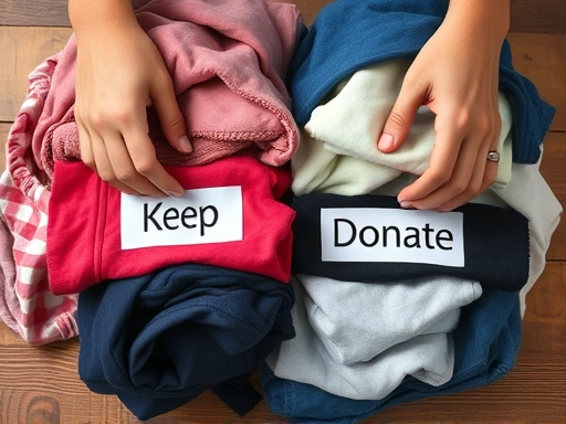 Close-up of hands sorting clothes into 'Keep' and 'Donate' piles on a wooden surface.