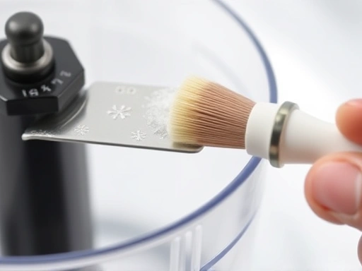 Detailed shot of cleaning a blender blade with a small brush, emphasizing cleanliness and hygiene.