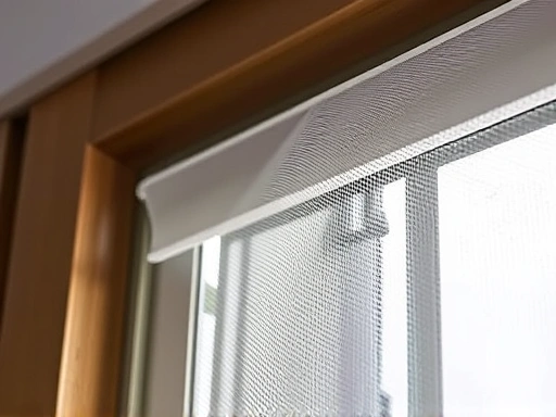 Close-up detail of a magnetic mosquito net attached to a window frame, showcasing the secure closure and fine mesh texture.