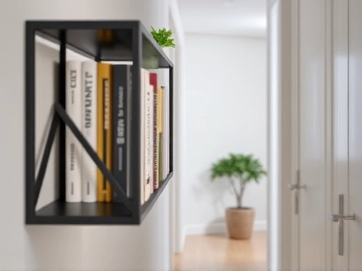 Close-up of a stylish wall-mounted shelf with books and a small potted plant in a narrow hallway.