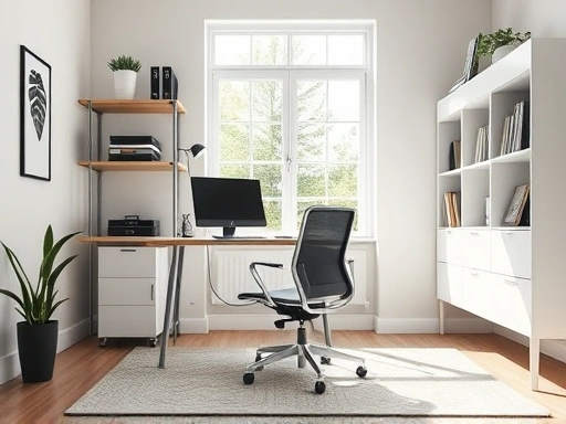A modern home office setup with a minimalist desk, ergonomic chair, and organized shelves, bathed in natural light from a large window.