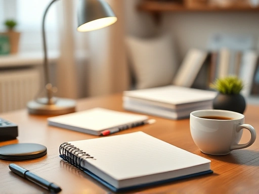 Close-up shot of a well-organized desk with a stylish lamp, a notebook, and a cup of coffee in a cozy home office setting.