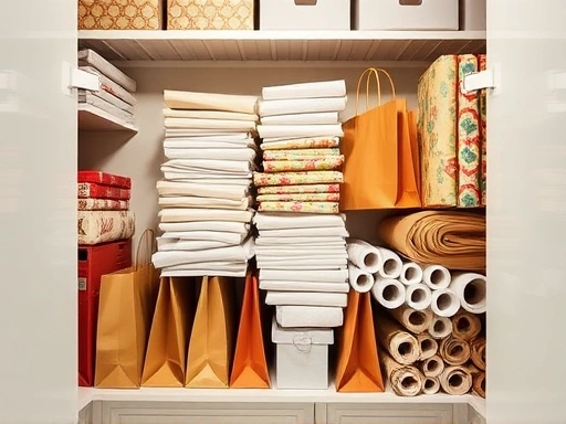 A brightly lit, organized storage area with neatly folded shopping bags and rolled wrapping paper, showcasing space-saving solutions.