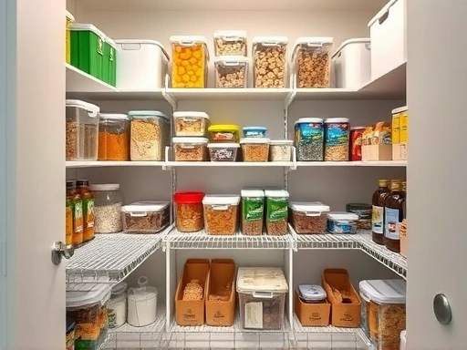 A well-organized pantry with various containers and neatly arranged food items on shelves, bright lighting.
