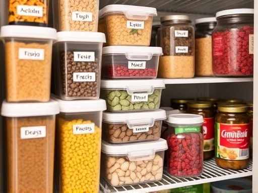 Close-up of labeled containers and neatly organized food items in a pantry, showcasing efficient storage solutions.
