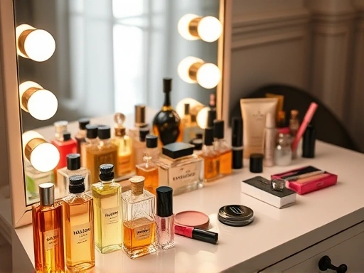 A well-organized vanity table with various perfume bottles and cosmetic products in soft lighting.