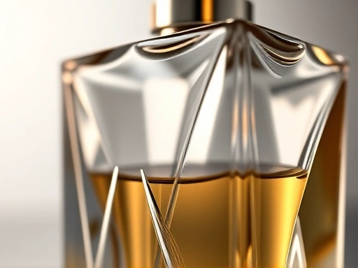 Close-up of a perfume bottle with a unique design, reflecting light and showing intricate details.
