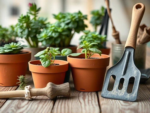 Close-up of various plant pots and gardening tools on a wooden table, focus on texture and details.