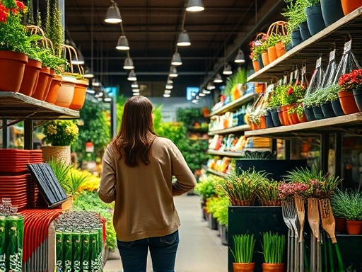 A person choosing plant pots and gardening tools in a well-lit garden center, displaying a variety of options.