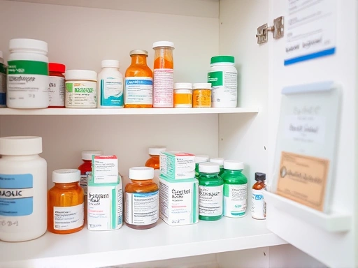 A well-organized medicine cabinet with various medications, clearly labeled and sorted.
