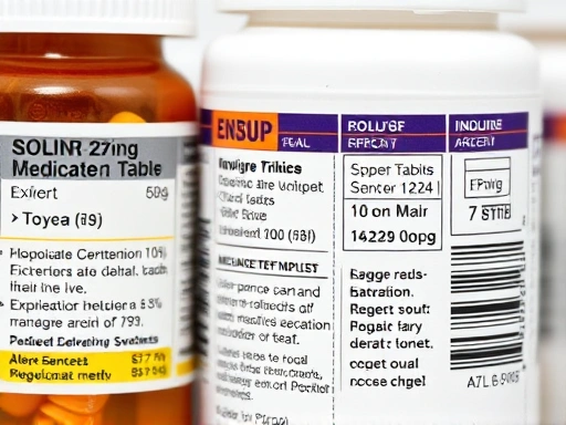 Close-up of medication labels showing expiration dates and important information for safe use.