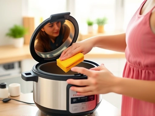 A person cleaning the inside of a rice cooker with a sponge in a bright kitchen.