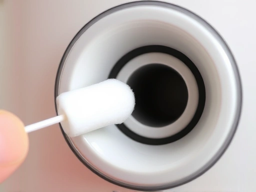 Close-up of a rice cooker's steam vent being cleaned with a cotton swab, detail-focused.