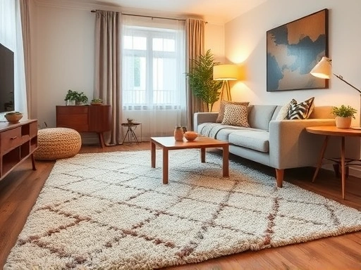 A cozy living room with a large wool rug, a modern sofa, and warm lighting creates an inviting atmosphere.